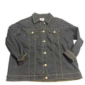 Quacker Factory Black Denim Jacket‎ 1X Studded Rhinestone Faux Pearl Embellished